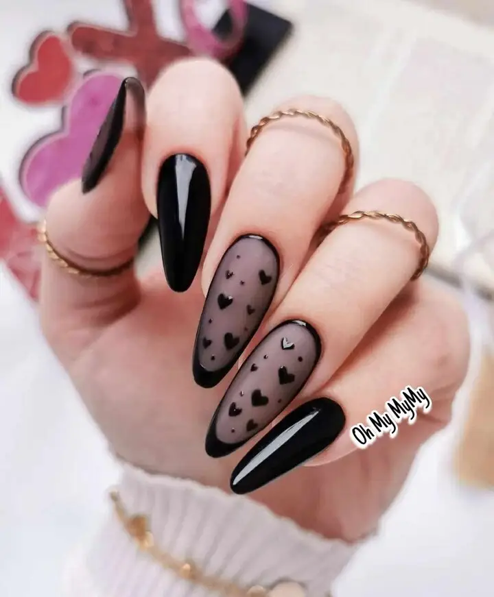 Sheer Black Valentine Nails with Heart Details