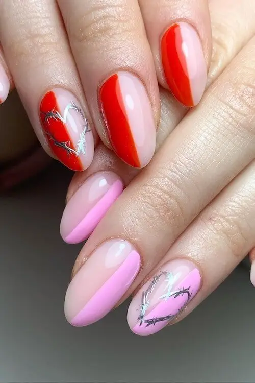 Soft Pink Nails with Geometric Lines and Glitter