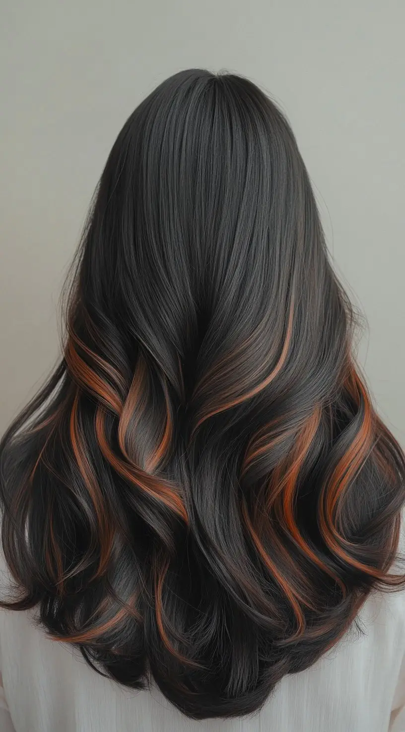 Sleek black hair with caramel brown balayage cascading through the lengths