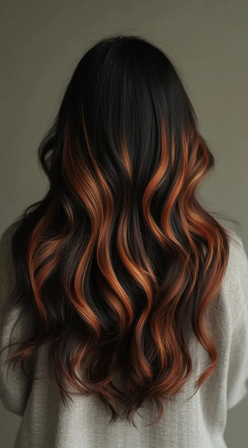 Black hair with warm brown highlights in loose waves