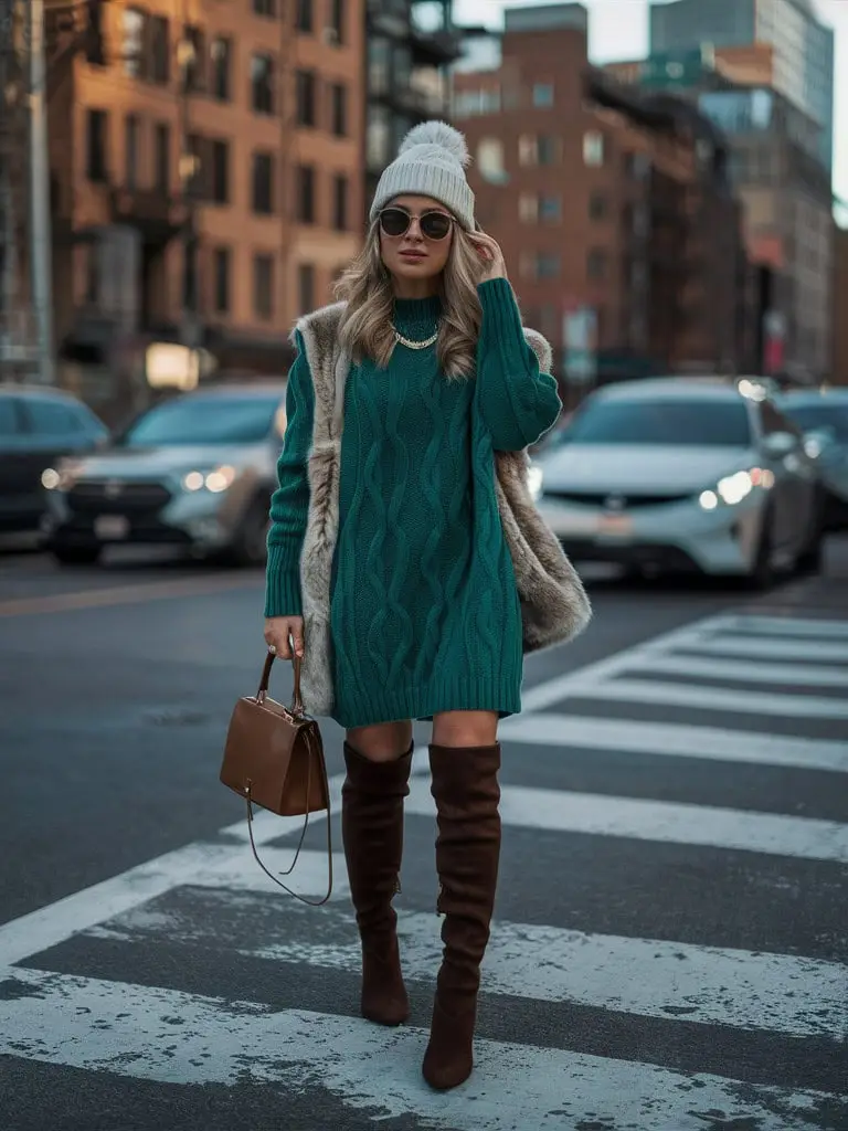 Chunky emerald-green sweater styled with denim