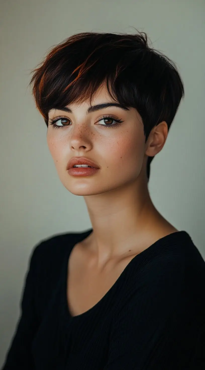 Chic textured pixie cut with subtle auburn highlights for added dimension