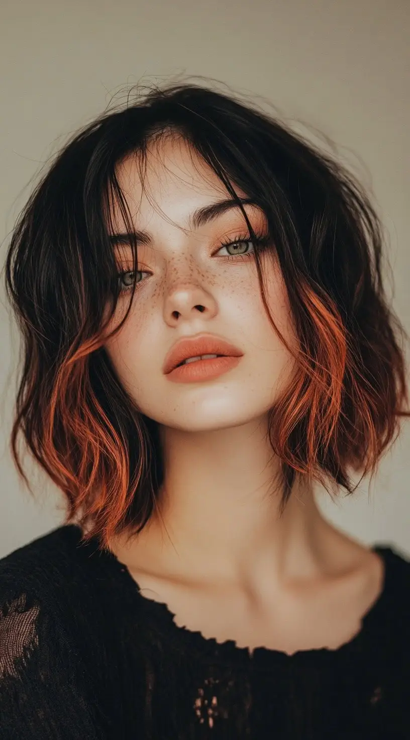Tousled lob with copper brown ombre tips creating a warm, playful look