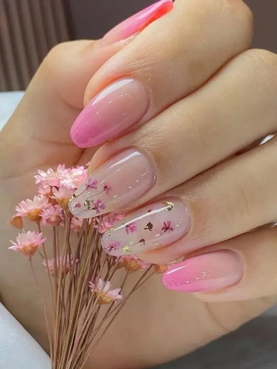 Pink Almond Nails with Gradient and Flower Prints