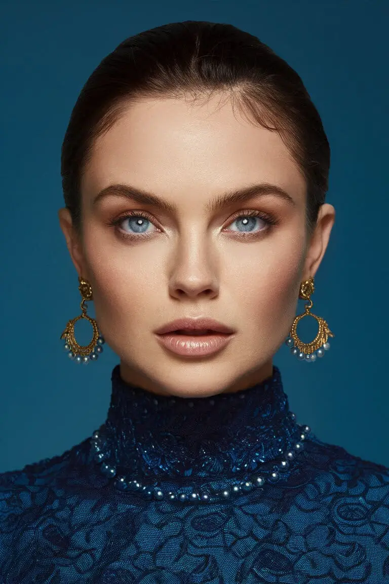 Close-up of bright blue eyes with soft, neutral makeup