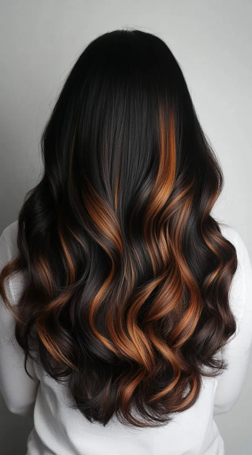 Thick voluminous black curls with caramel brown highlights enhancing dimension