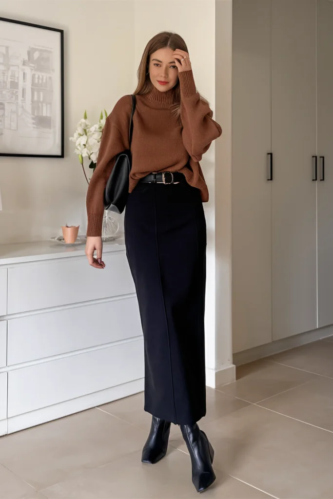 Sophisticated office outfit with a blazer and midi skirt