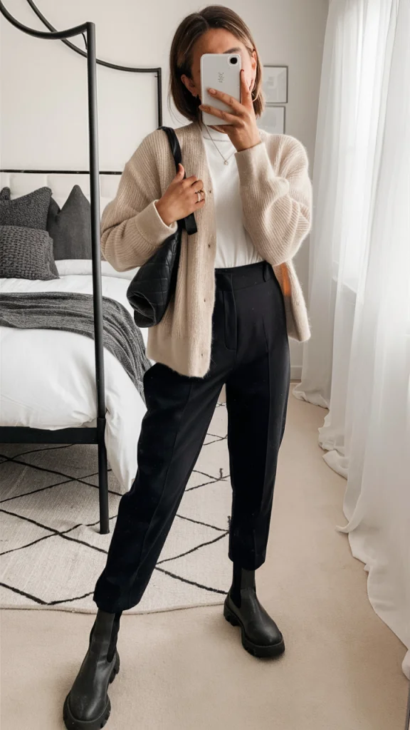 Neutral-toned work outfit featuring a fitted blouse and tailored trousers