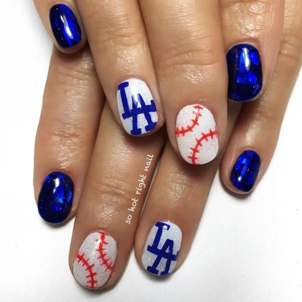 Baseball Nails with Gold Glitter Highlights