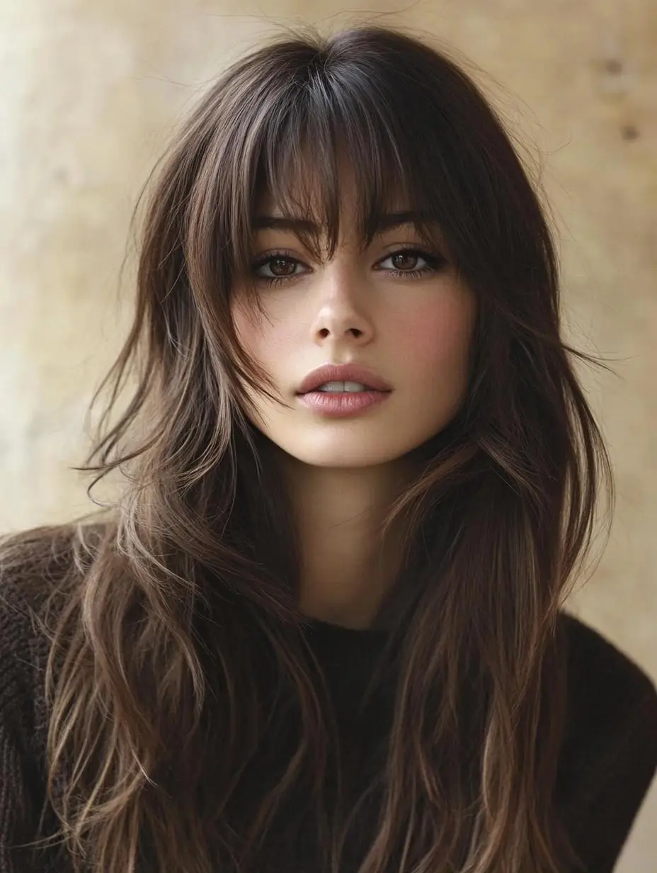 Brunette with soft wavy bangs and tousled layers.