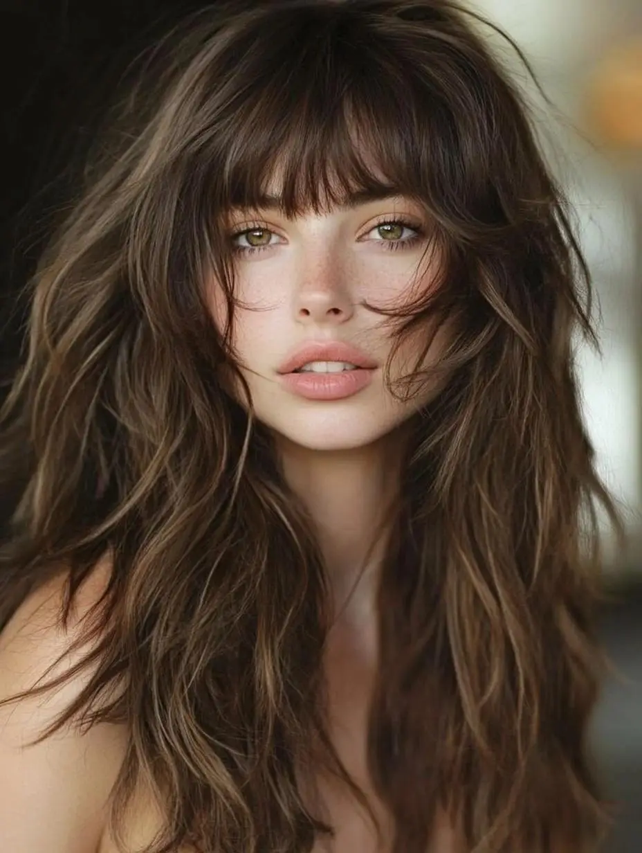 Blunt-cut hairstyle with wispy bangs and a choppy texture.