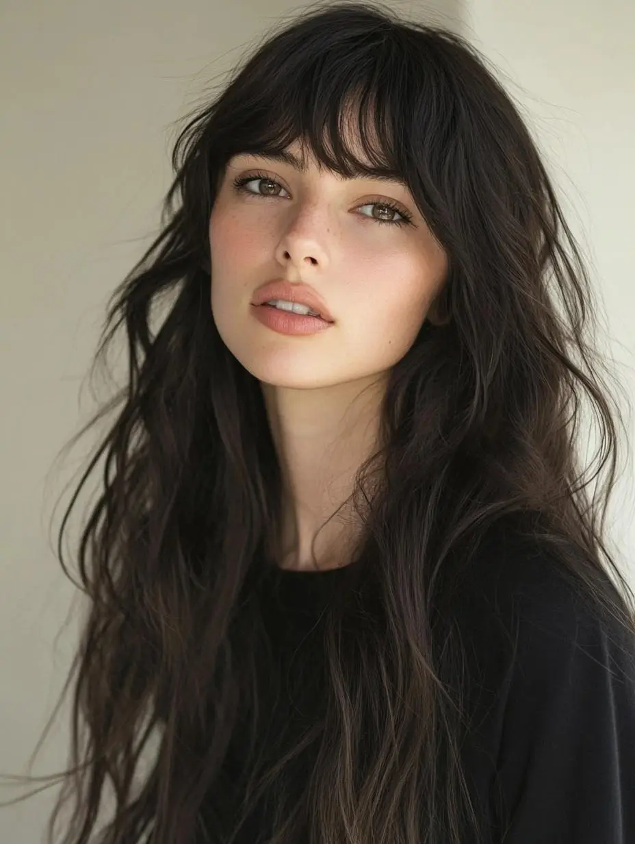 Shag hairstyle with wispy bangs and subtle coppery highlights.