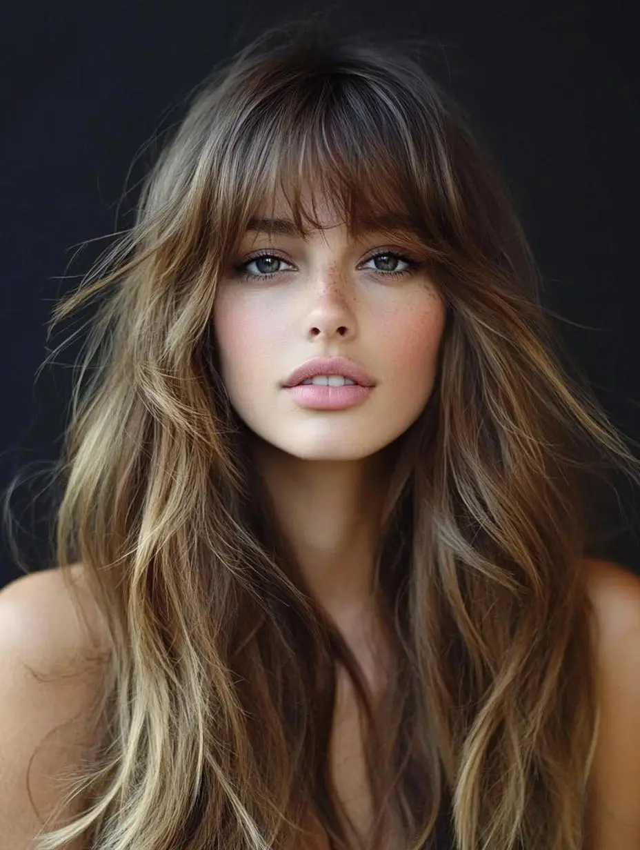 Layered waves with textured wispy bangs and a mix of warm brunette highlights.