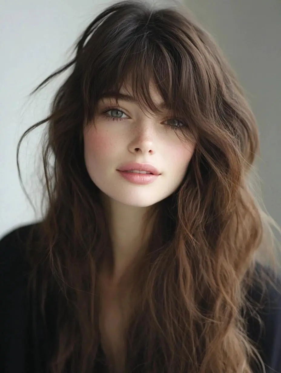 Soft wispy bangs paired with multi-toned layers in medium-length hair.