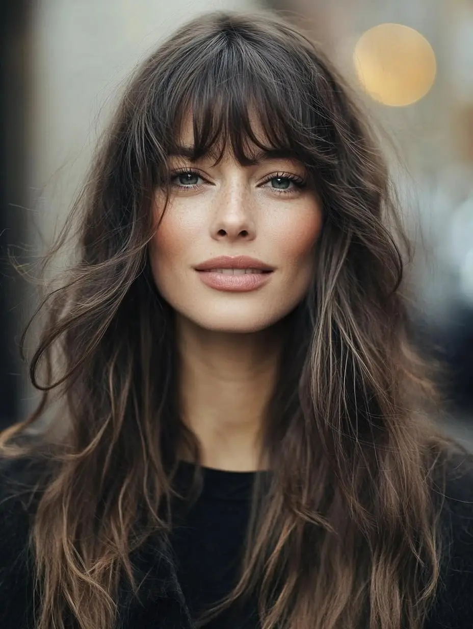 Wispy bangs with a textured boho shag and golden blonde hues.