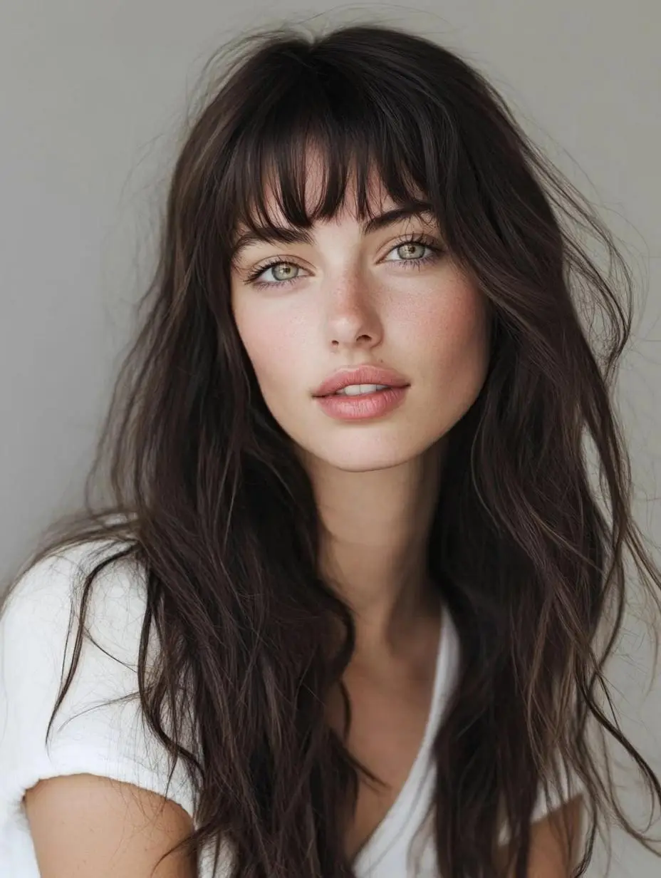Shaggy haircut with textured layers and soft wispy bangs.