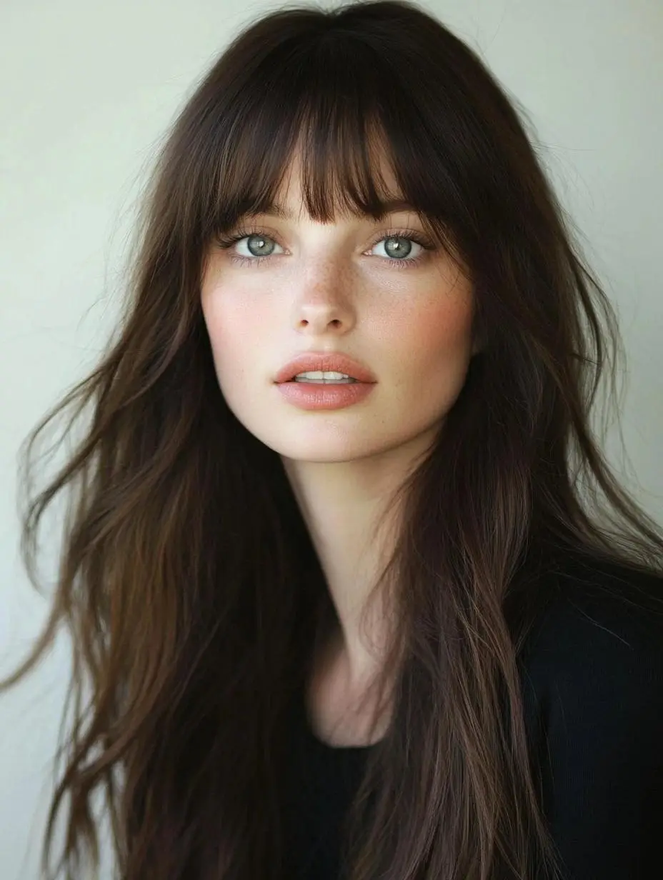 Layered bob hairstyle with messy wispy bangs and textured ends.