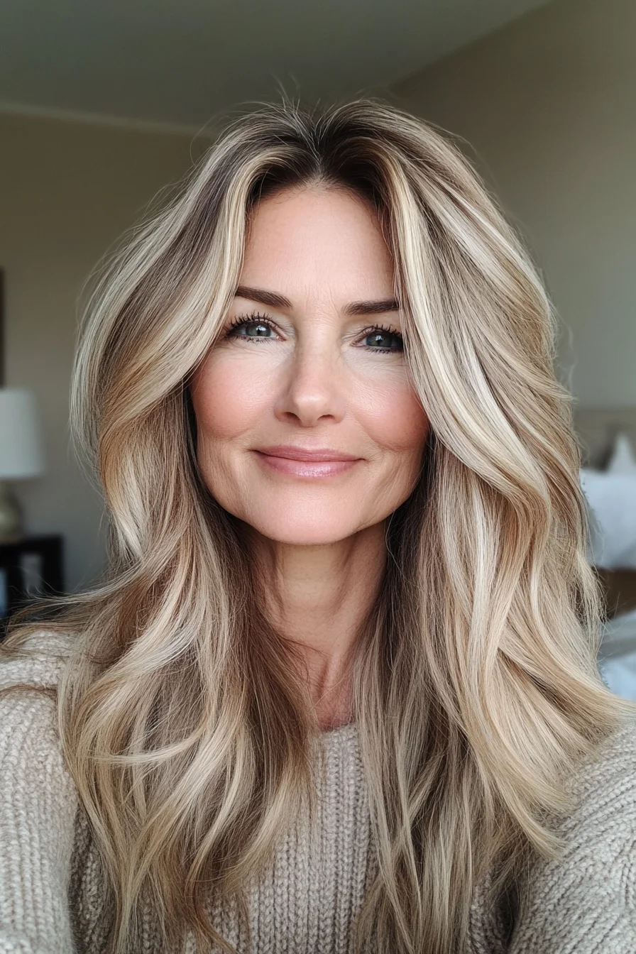 Long honey-blonde layered waves for women over 60