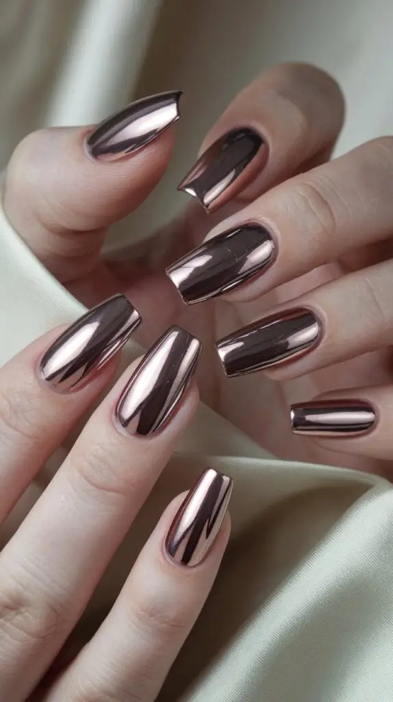 Short rose gold acrylic nails with a pearlescent chrome finish