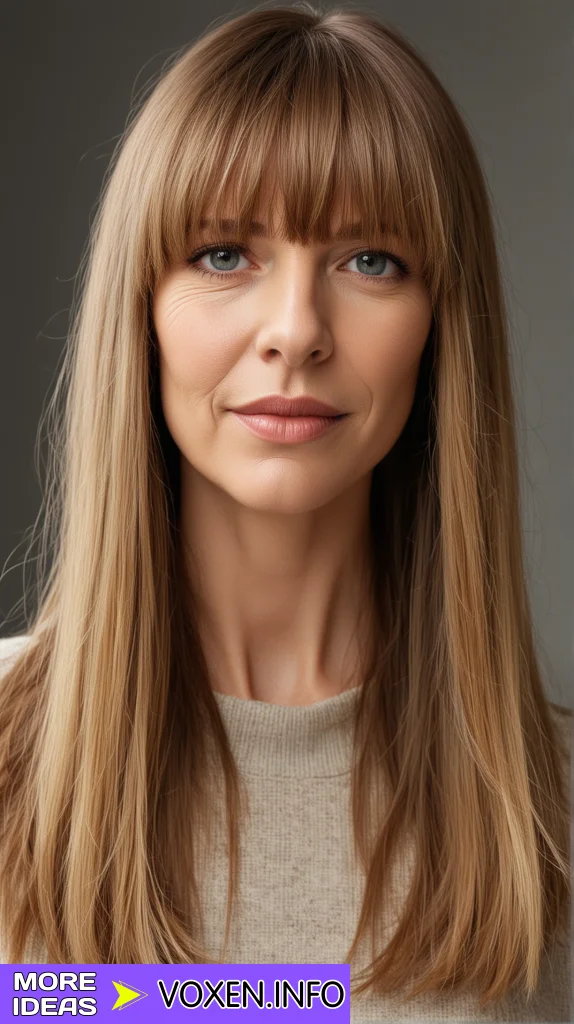 Bronde hairstyle with long layers and tousled waves for older women