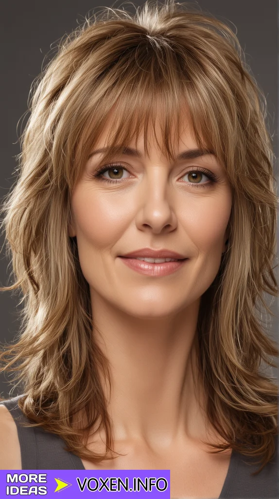 Long copper hairstyle with layered waves for women over 50