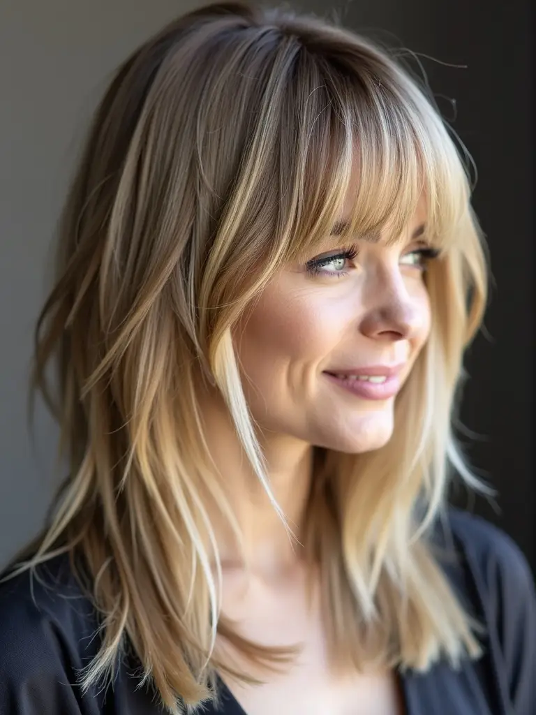 Woman with golden blonde shag haircut featuring layered bangs and soft texture