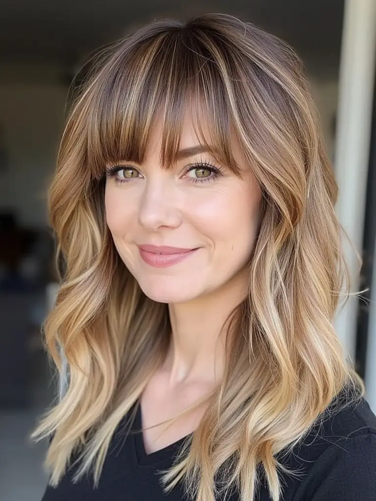 Woman with rose gold shag haircut featuring soft layers and a radiant glow