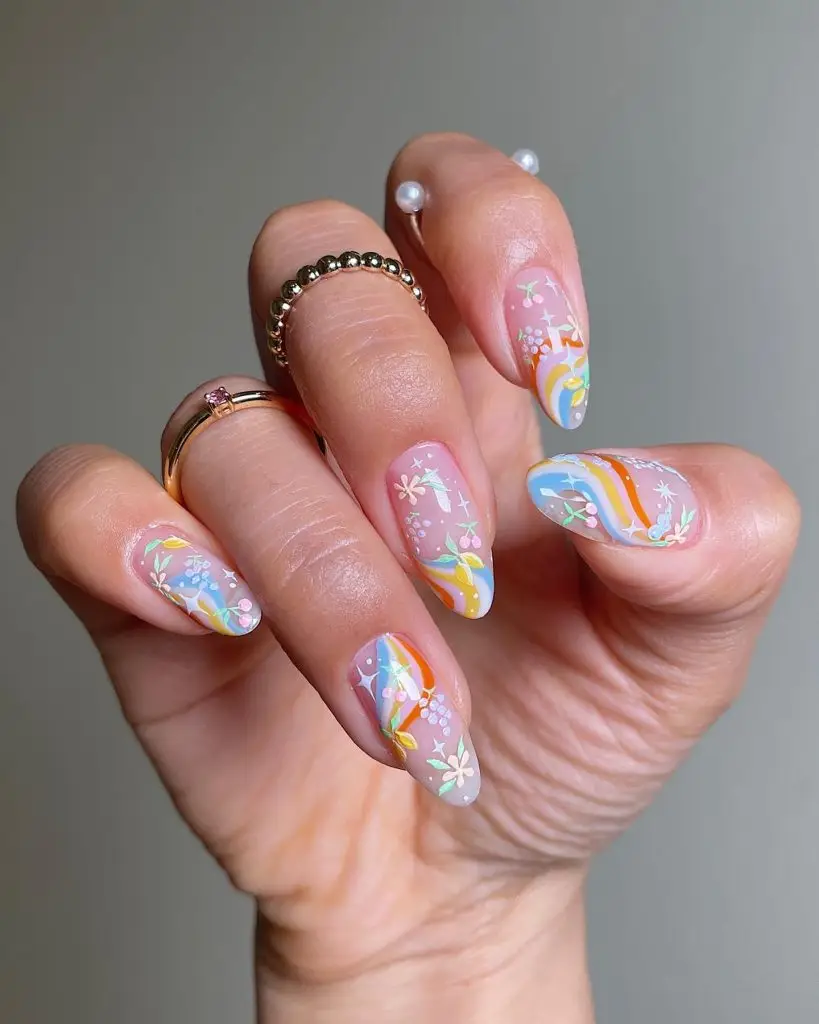 Glossy Neutral Nails with Vibrant Floral Patterns