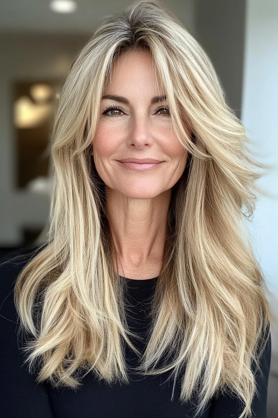 Long blonde feathered layers for women over 50