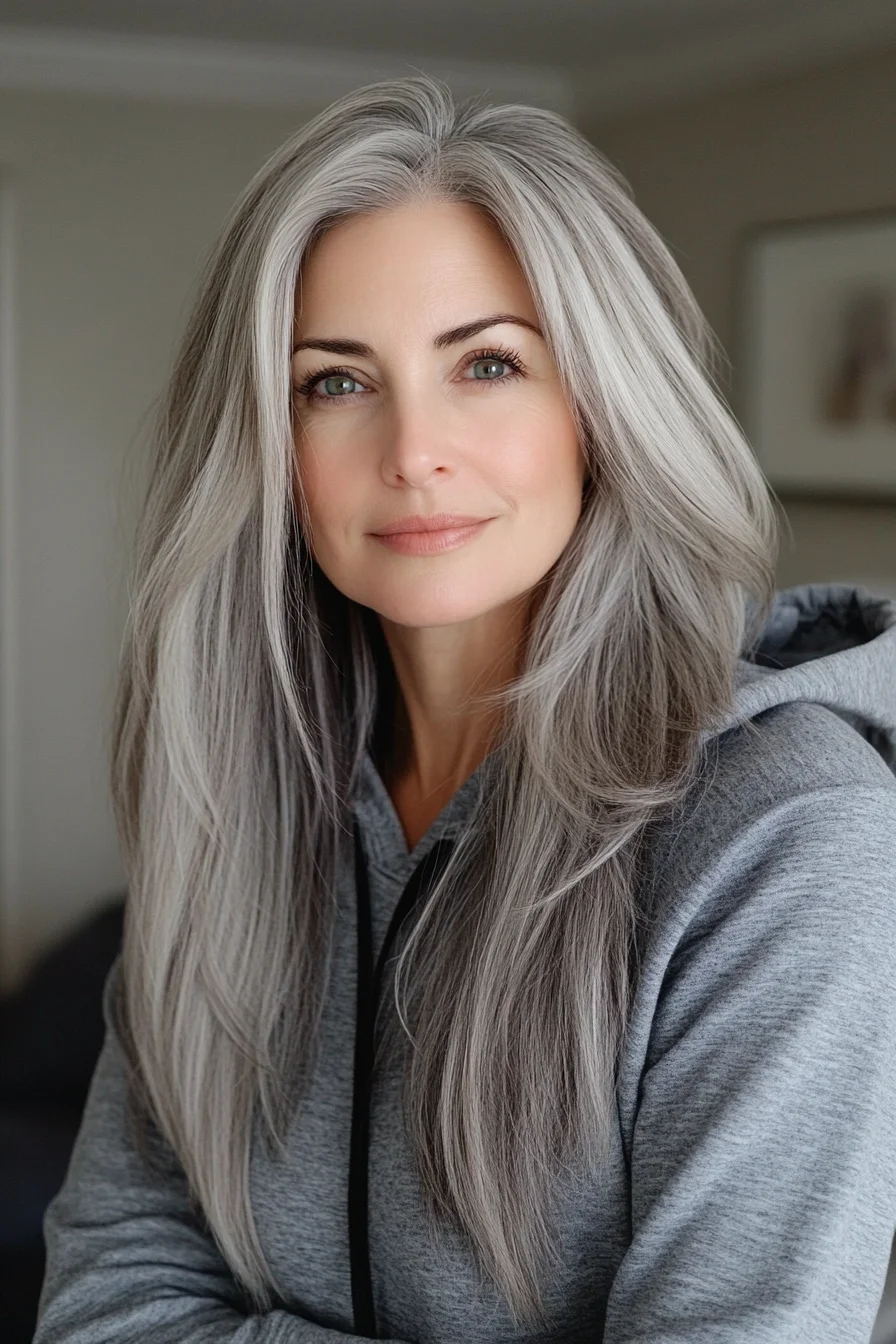 Classic silver layered hairstyle with soft straight strands for women over 60