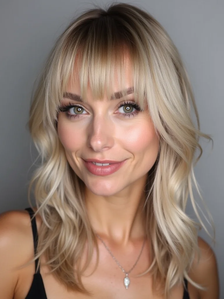 Woman with choppy shag haircut featuring bold highlights