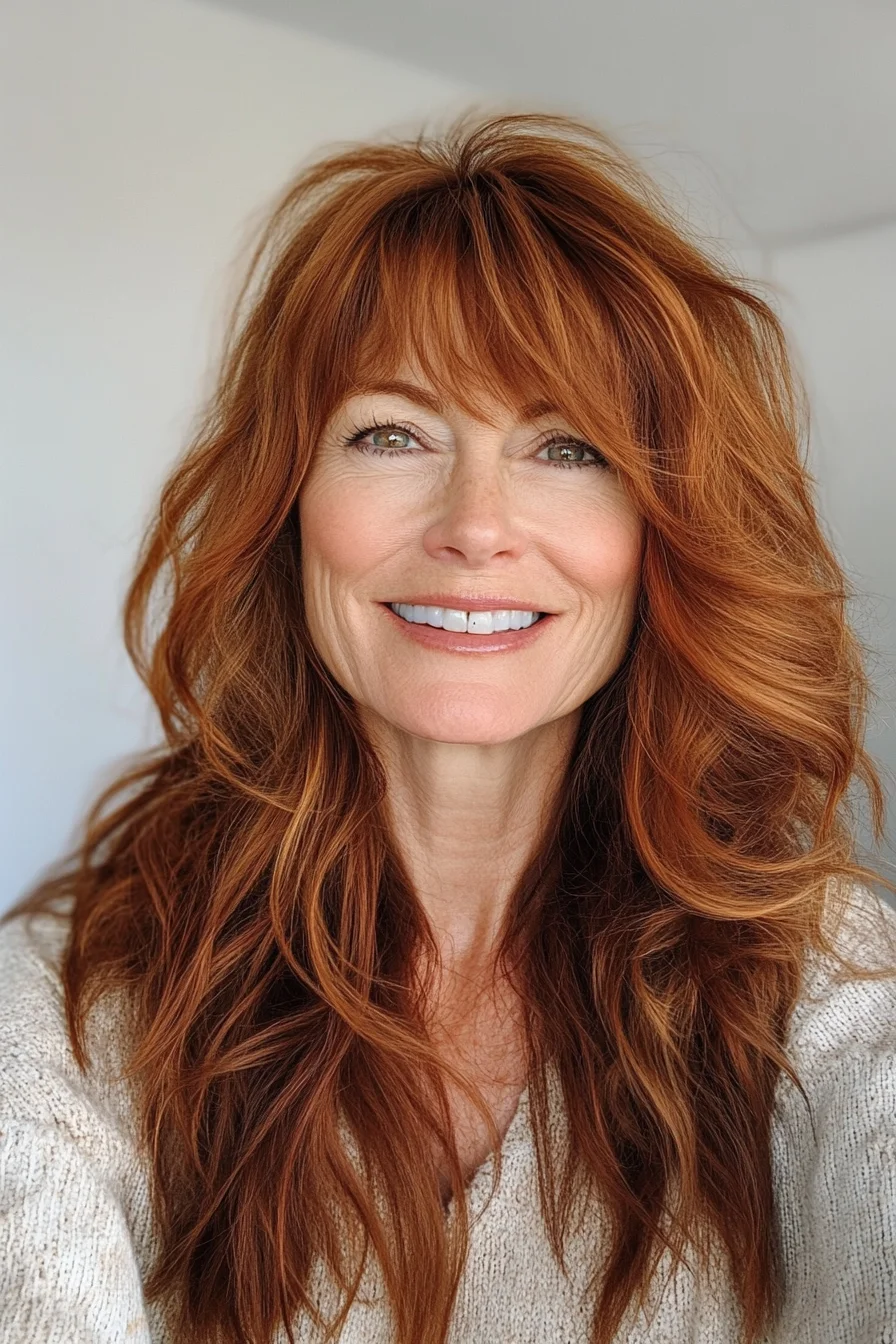 Soft auburn shag hairstyle for women over 50 with feathered layers