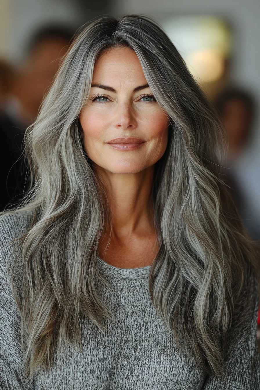 Ash brown balayage on long textured hair for women over 60