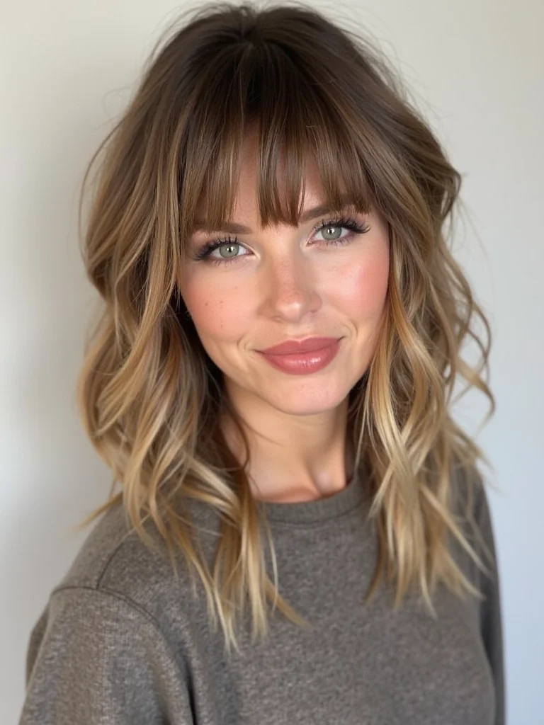 Woman with retro-inspired shag haircut and curtain bangs