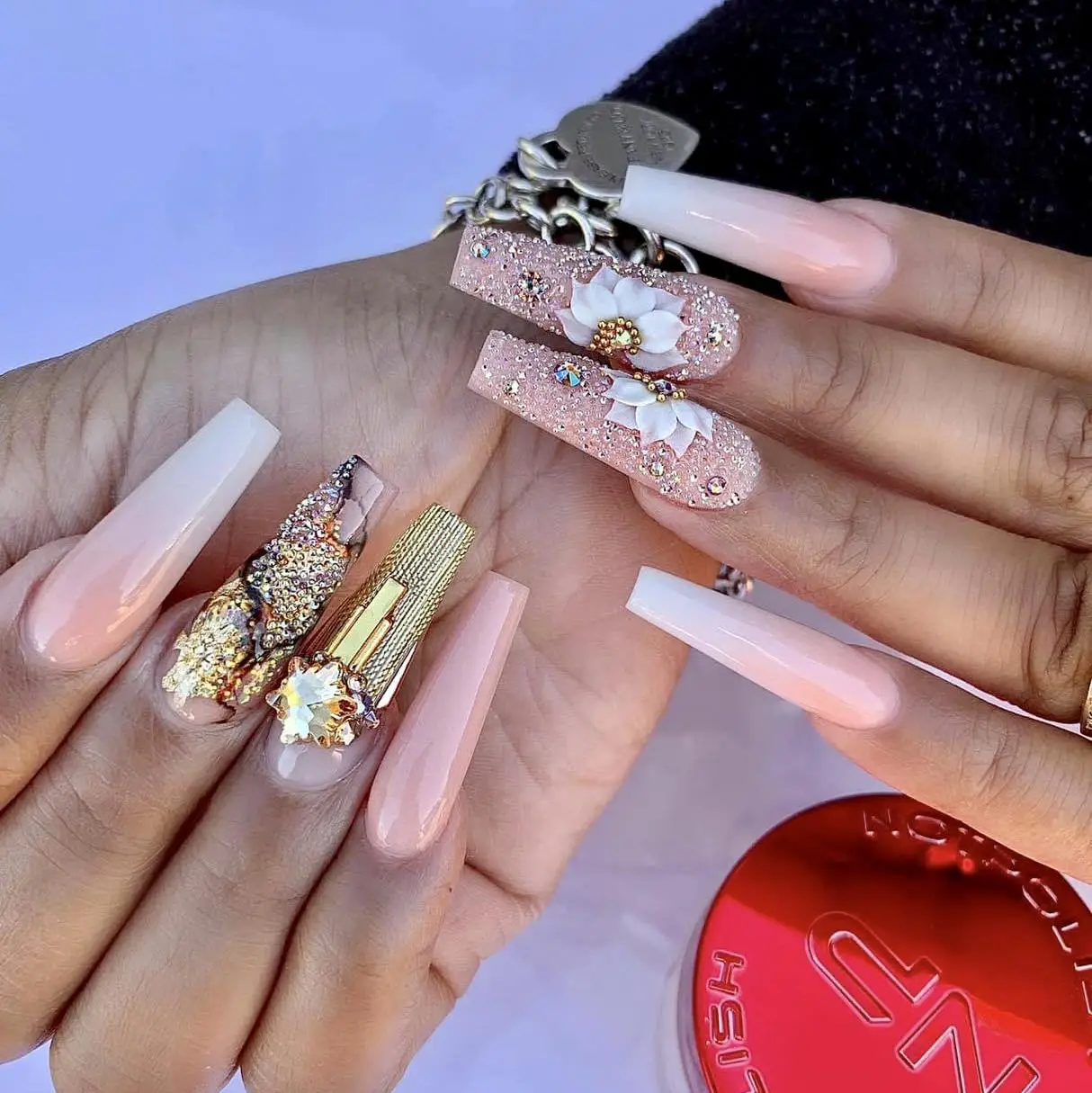 Gold-Tipped Nude Nails with Rhinestone Accents