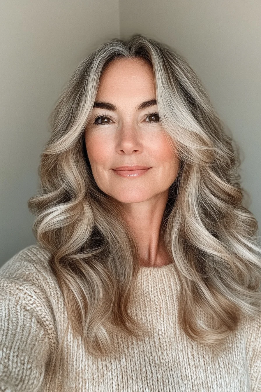 Long caramel hairstyle with curled ends for women over 50