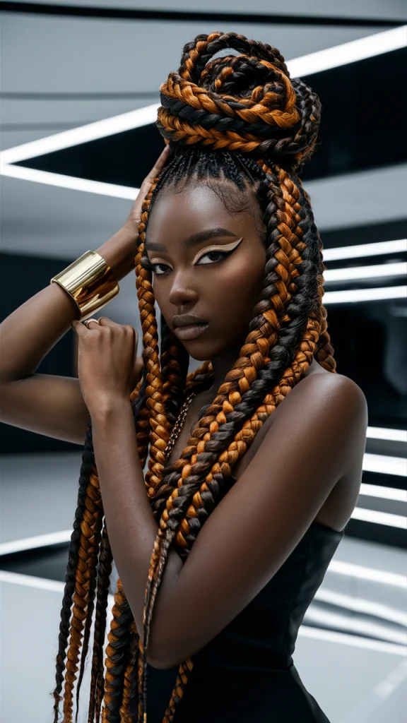 Alicia Keys showcasing jumbo twists in a half-up style with metallic touches