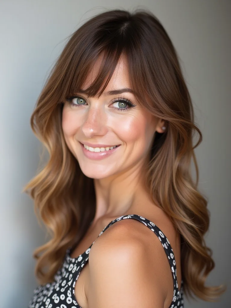 Woman with shag haircut featuring sunkissed balayage and beachy waves