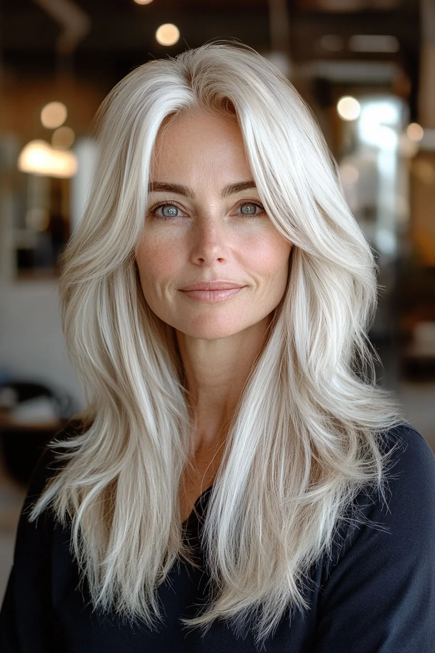 Long feathered platinum blonde hairstyle for older women