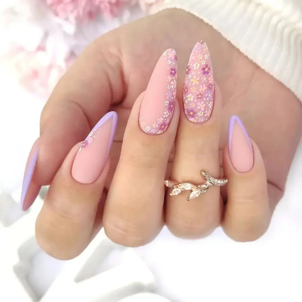 Soft Peach Nails with Delicate White Florals