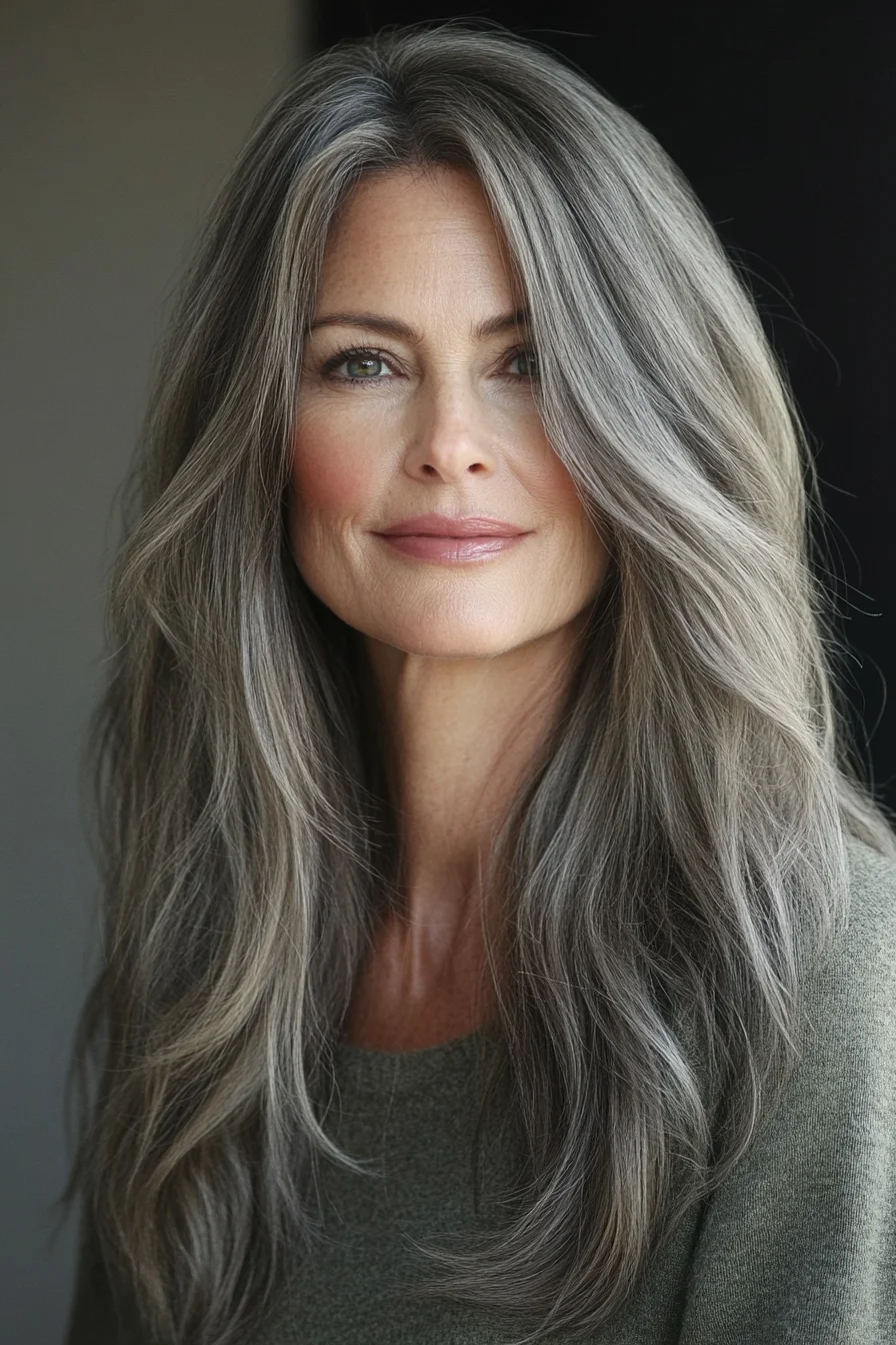 Ash brown hairstyle with face-framing layers for older women