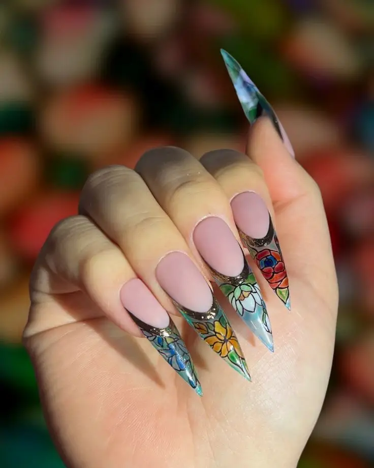 Muted Mauve Nails with White Leafy Details