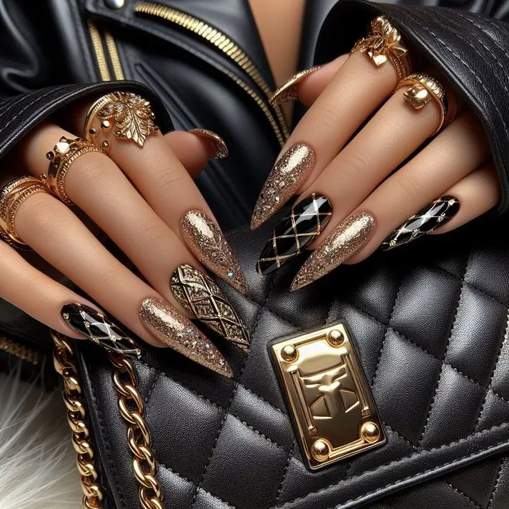 Ruby Red Nails with Gold Embellishments
