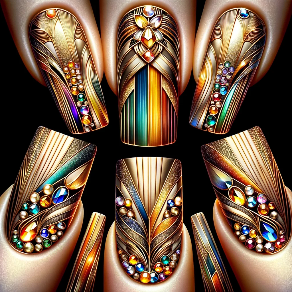 Nails with Abstract Art Deco Design and Rhinestones