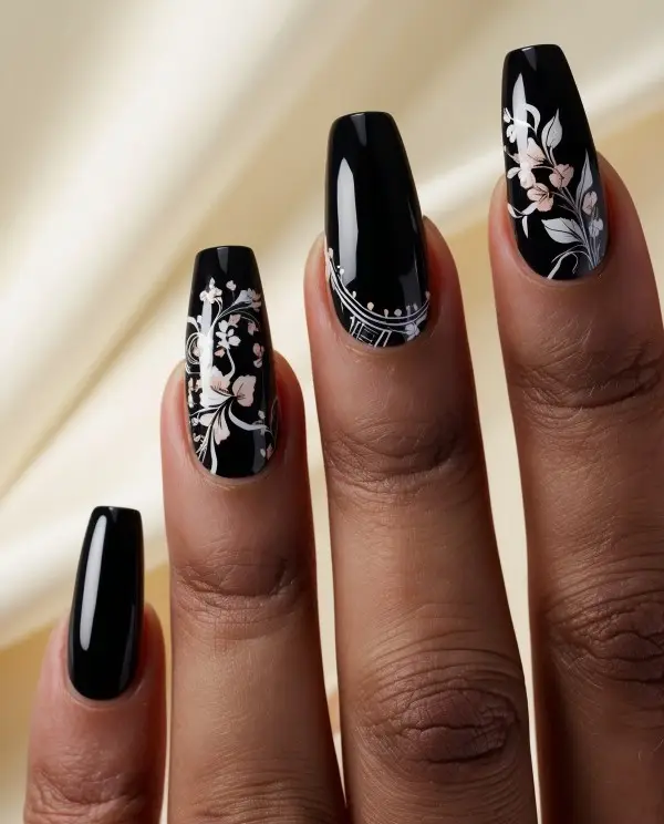 Black Nails with Embellished Edges