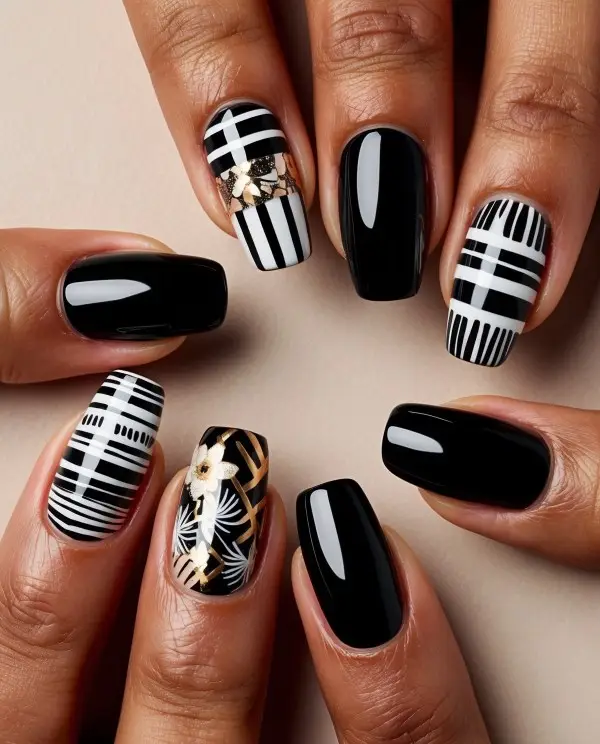 Matte Black Nails with Geometric Stud Designs