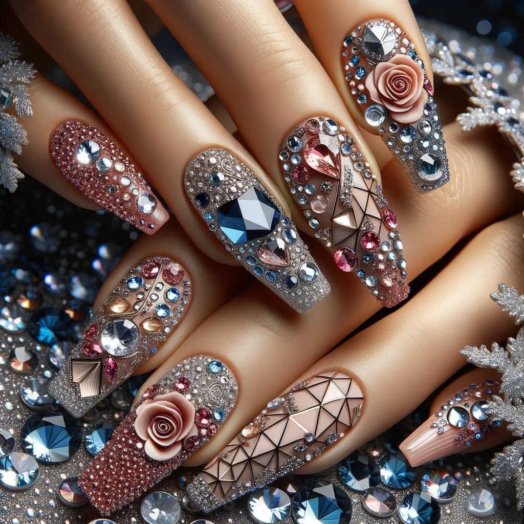 Geometric Rhinestone Nail Design