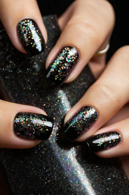 Glittery Black Nails with Studs
