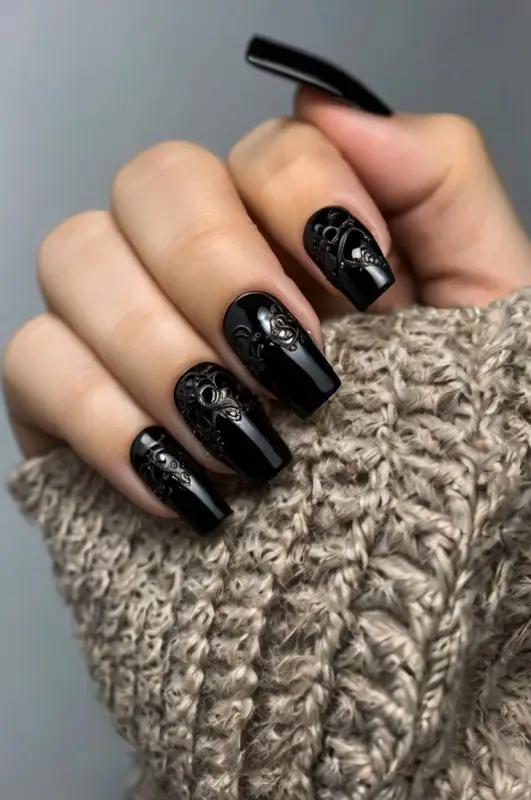 Gothic Glam Studded Black Nails