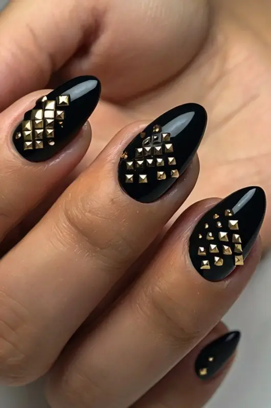 Matte Black Nails with Gold Studs